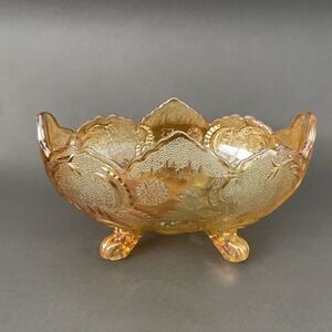 Vintage Jeannette Carnival Glass Fruit Bowl Marigold Footed Oval 10" x 5 1/8"